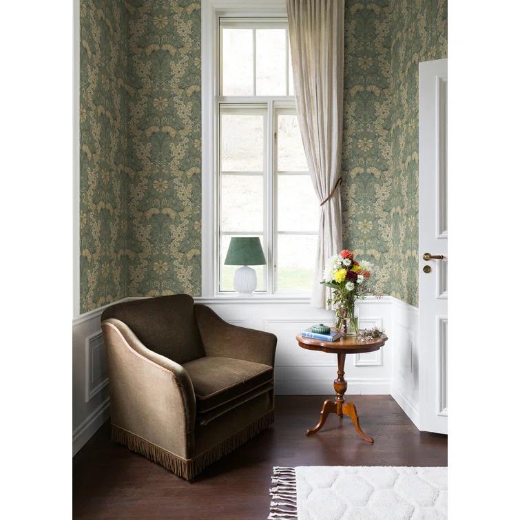 Ojvind Blue Sea Green Floral Ogee Paper Matte Non-Pasted Wallpaper Roll
