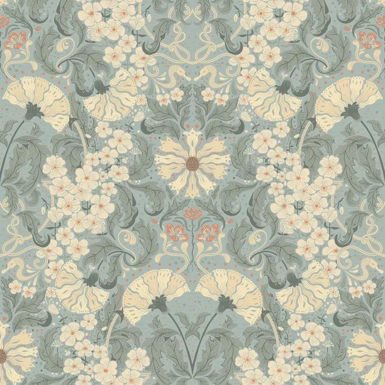 Light Blue and Beige Damask Floral Wallpaper Roll