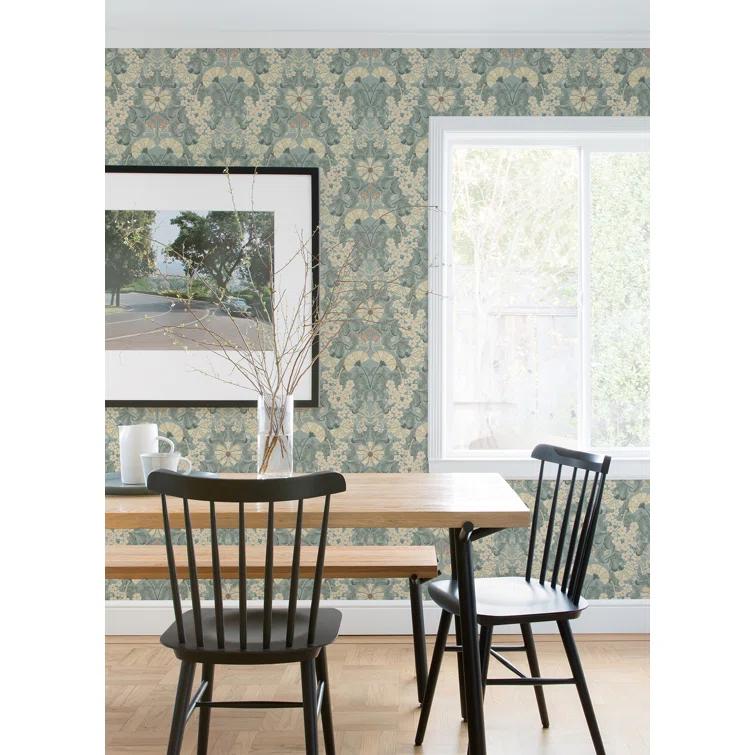 Light Blue and Beige Damask Floral Wallpaper Roll