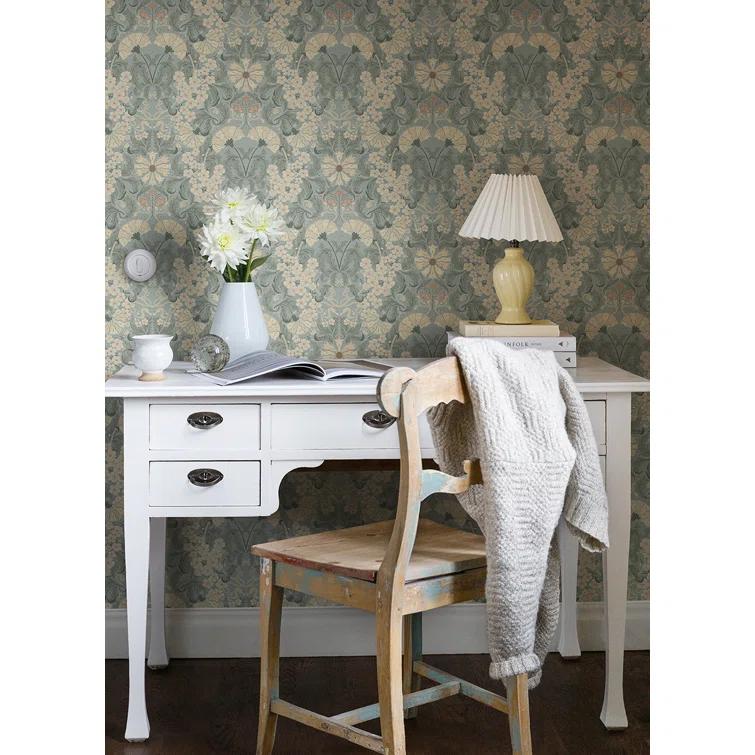 Light Blue and Beige Damask Floral Wallpaper Roll