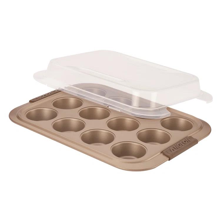 Anolon Anolon Advanced Bakeware 12-Cup Nonstick Muffin Pan with Silicone Grips and Lid, Bronze