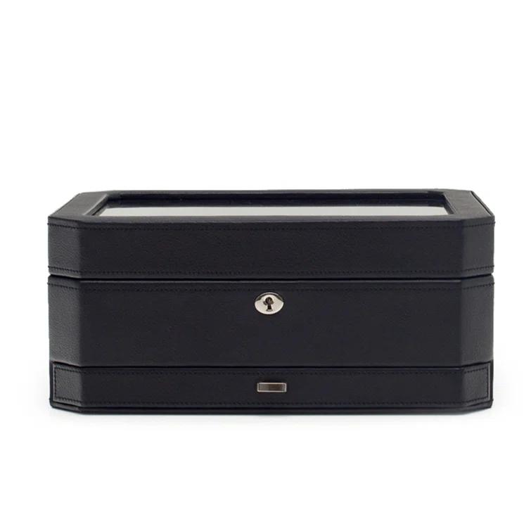 Windsor Mid-Century Black Faux Leather 10-Piece Watch Box with Drawer