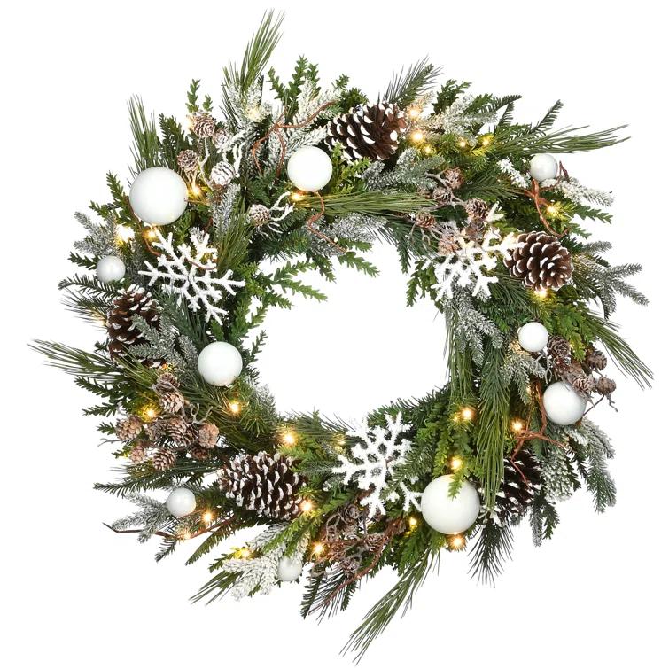 The Holiday Aisle® 30" Pre-Lit Alpine Collection Decorated Wreath