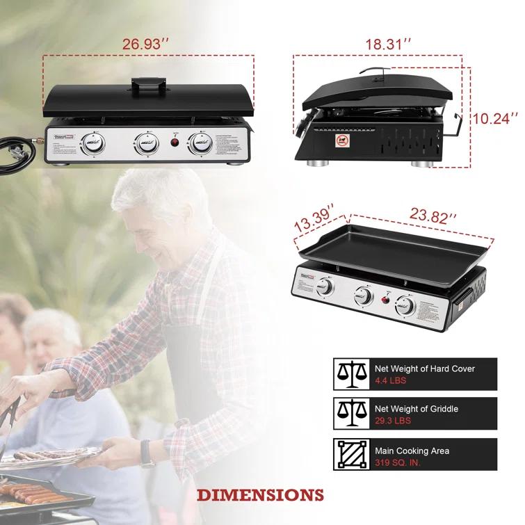 Royal Gourmet 3-Burner Portable Gas Grill Griddle with Top Hard Cover