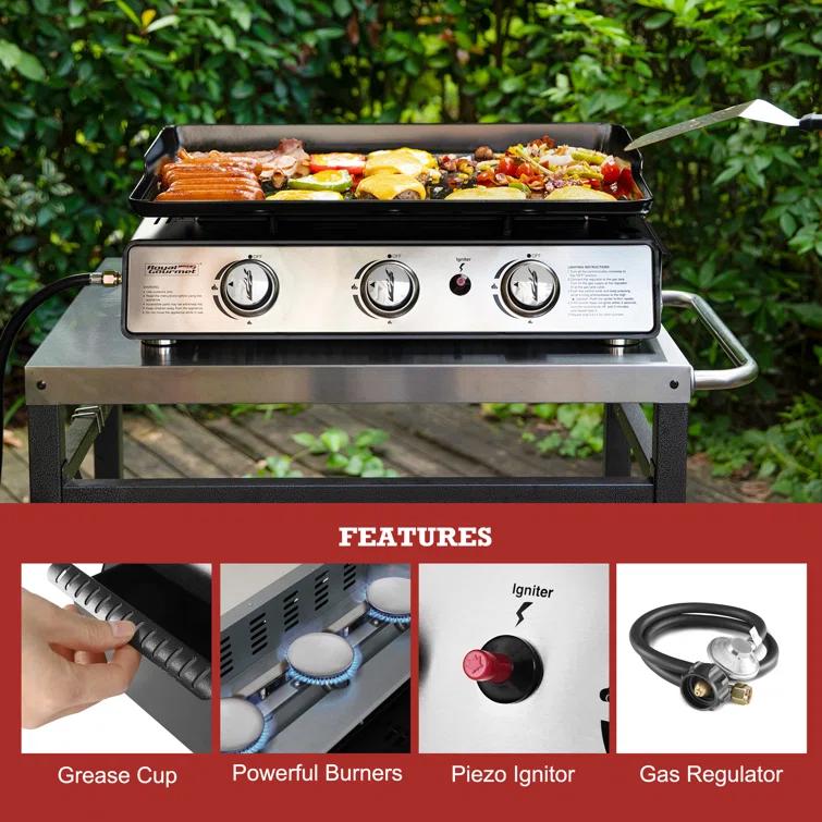 Royal Gourmet 3-Burner Portable Gas Grill Griddle with Top Hard Cover