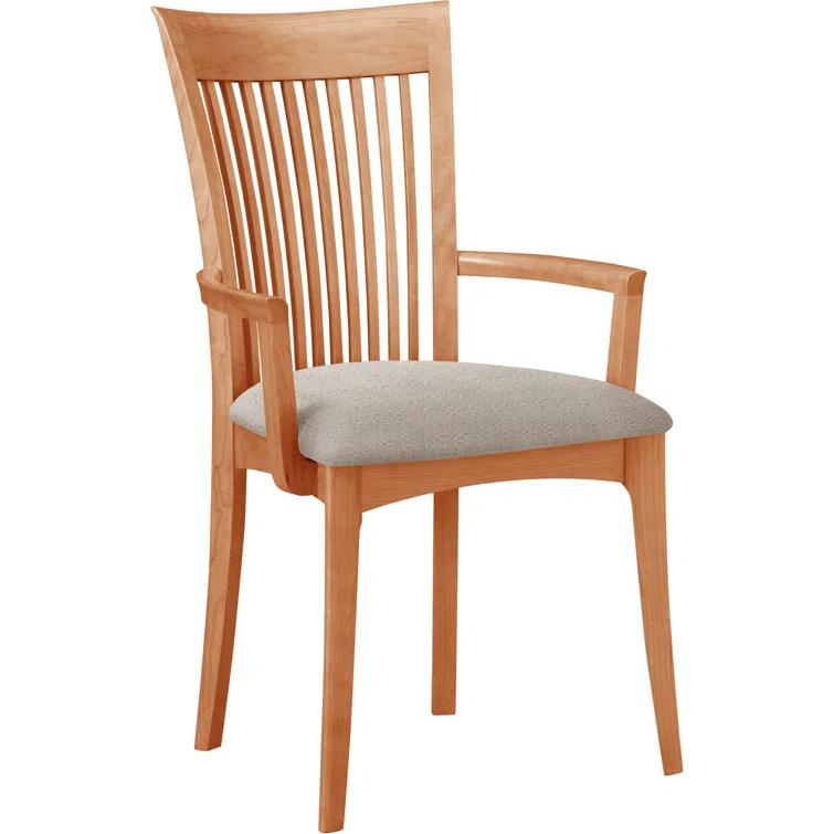 Modern Cherry Wood Slat Arm Chair with White Leather Upholstery