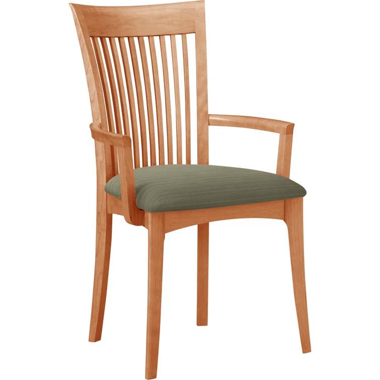 Modern Cherry Wood Slat Arm Chair with White Leather Upholstery
