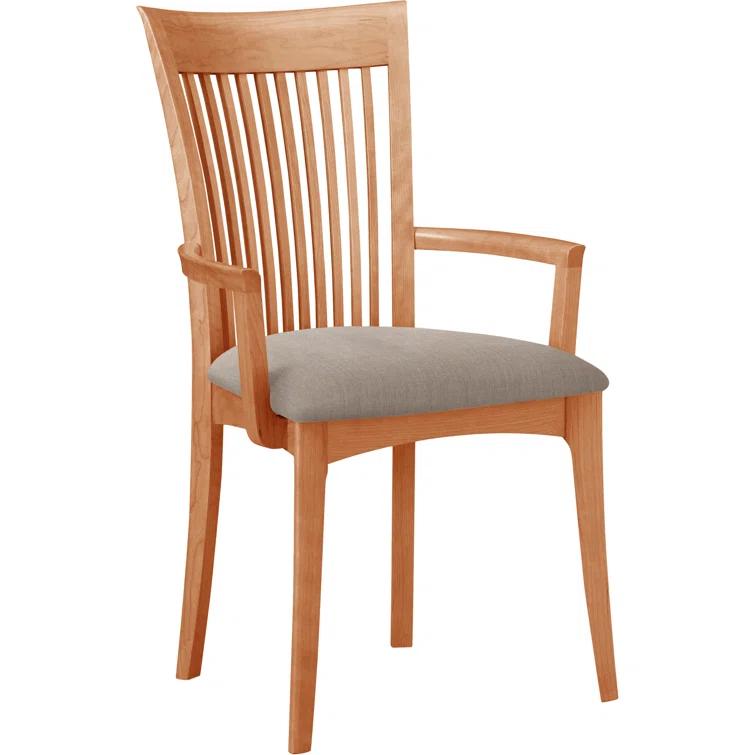 Modern Cherry Wood Slat Arm Chair with White Leather Upholstery