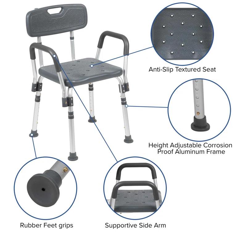 DC-HY3523L-GRY-GG Jane Aluminum Height Adjustable Bath and Shower Chair