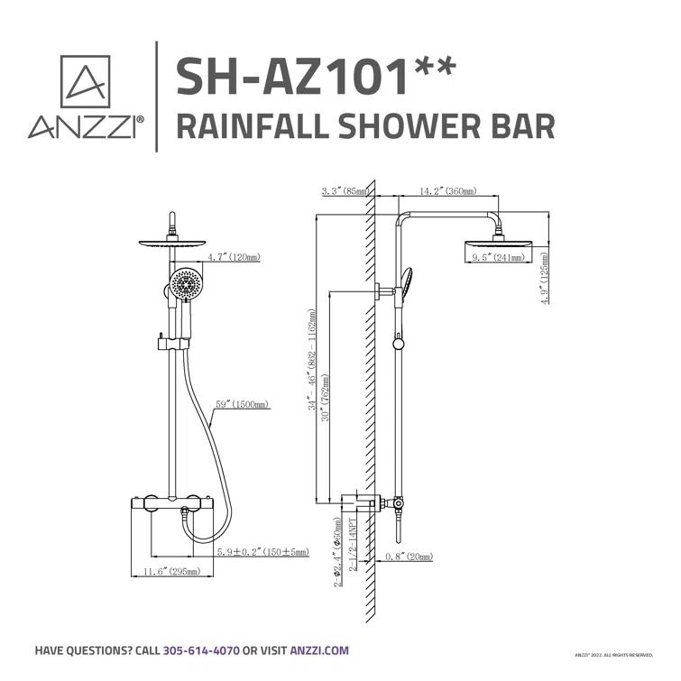 Heavy Rainfall Stainless Steel Shower Bar with Hand Sprayer
