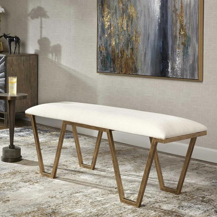 Uttermost Farrah Geometric Iron Metal Bench in White/Antique Gold