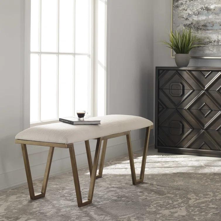 Uttermost Farrah Geometric Iron Metal Bench in White/Antique Gold