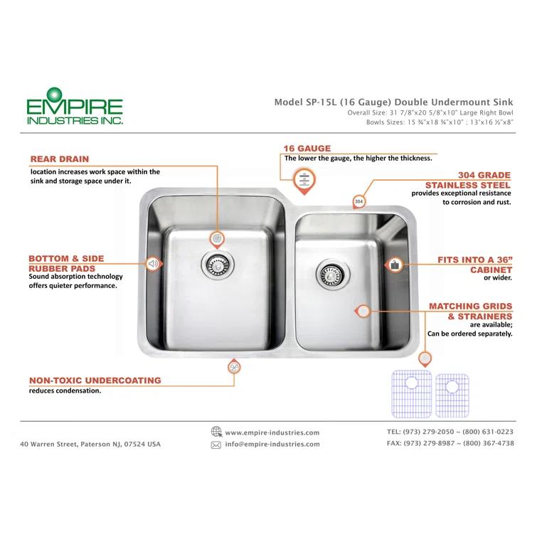 32" L x 21" Double Basin Undermount Kitchen Sink