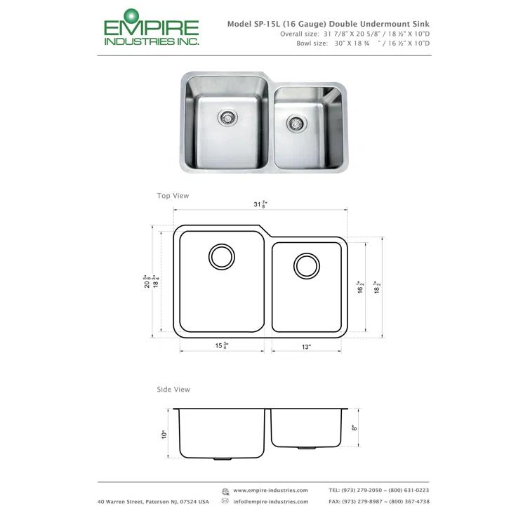 32" L x 21" Double Basin Undermount Kitchen Sink