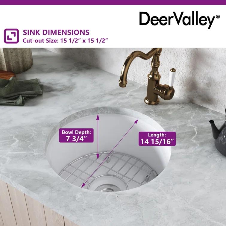 Circular Fireclay 18.5" x 18.5" Undermount/Drop-In Kitchen Sink with Basket Strainer and Sink Grid