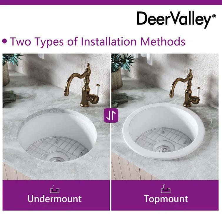 Circular Fireclay 18.5" x 18.5" Undermount/Drop-In Kitchen Sink with Basket Strainer and Sink Grid