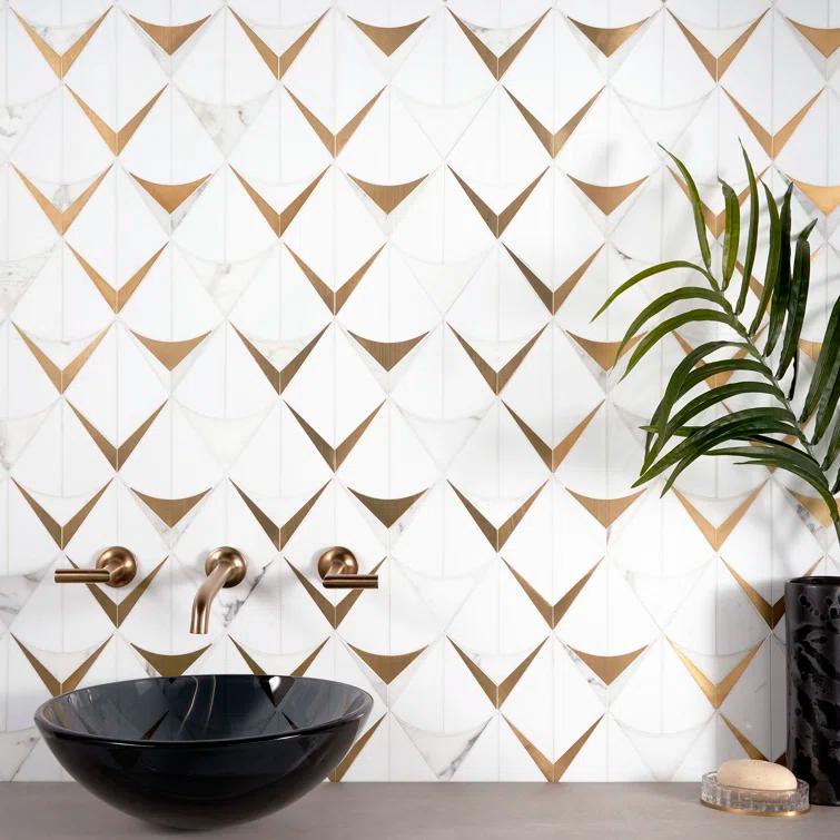 Larvotto 8.3 in. x 11.65 in. Polished Marble and Brass Mosaic Wall Tile (0.67 Sq. Ft. / Sheet)