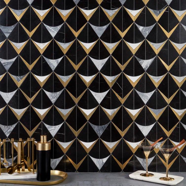 Larvotto 8.3 in. x 11.65 in. Polished Marble and Brass Mosaic Wall Tile (0.67 Sq. Ft. / Sheet)