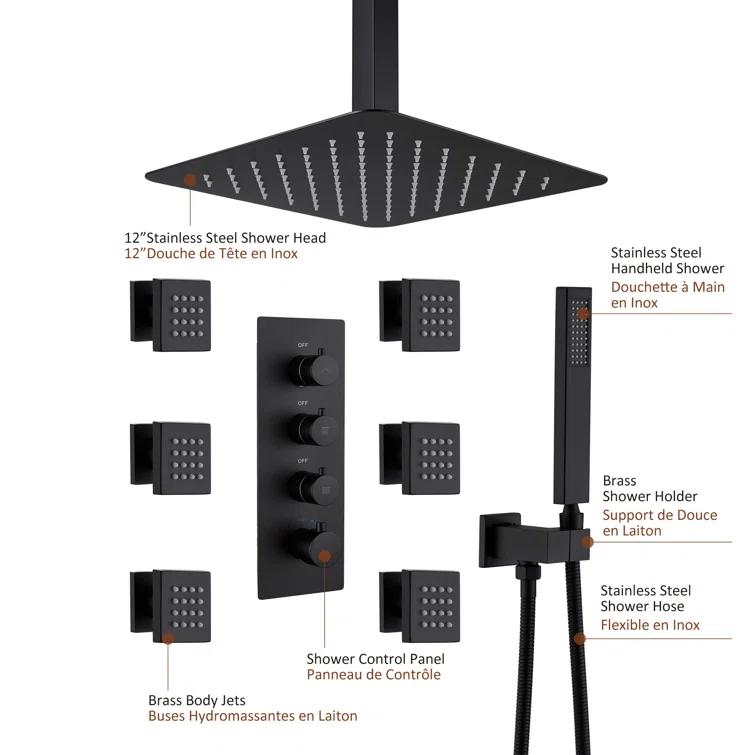Herathena 3 Functions Ceiling Mounted Luxury Shower System with 6 Body Jets (Rough-in Valve Included)