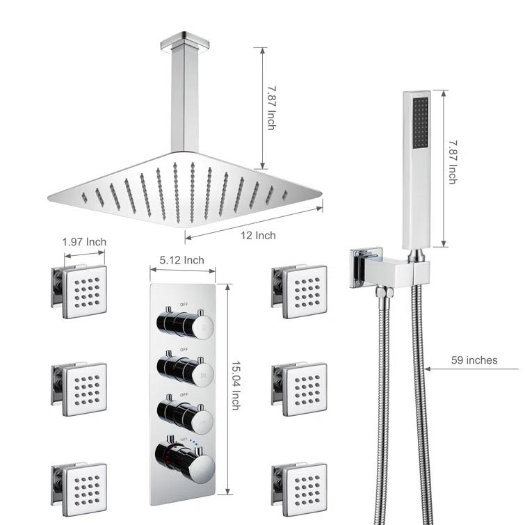 Herathena 3 Functions Ceiling Mounted Luxury Shower System with 6 Body Jets (Rough-in Valve Included)