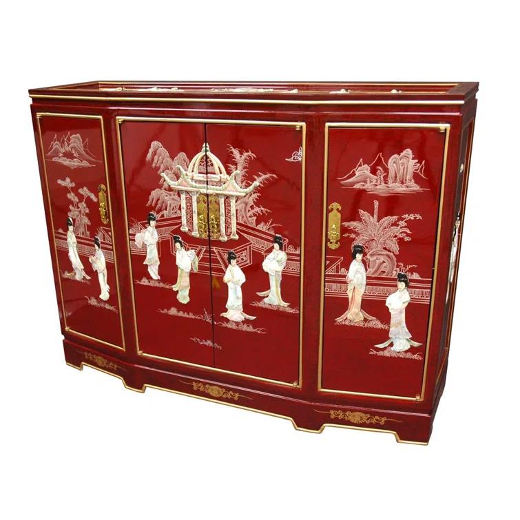 Oriental Furniture Slant Front Cabinet, Red color, 40.00"Wx 32.00"H
