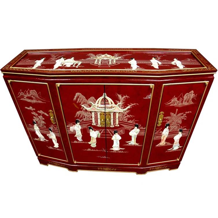 Oriental Furniture Slant Front Cabinet, Red color, 40.00"Wx 32.00"H