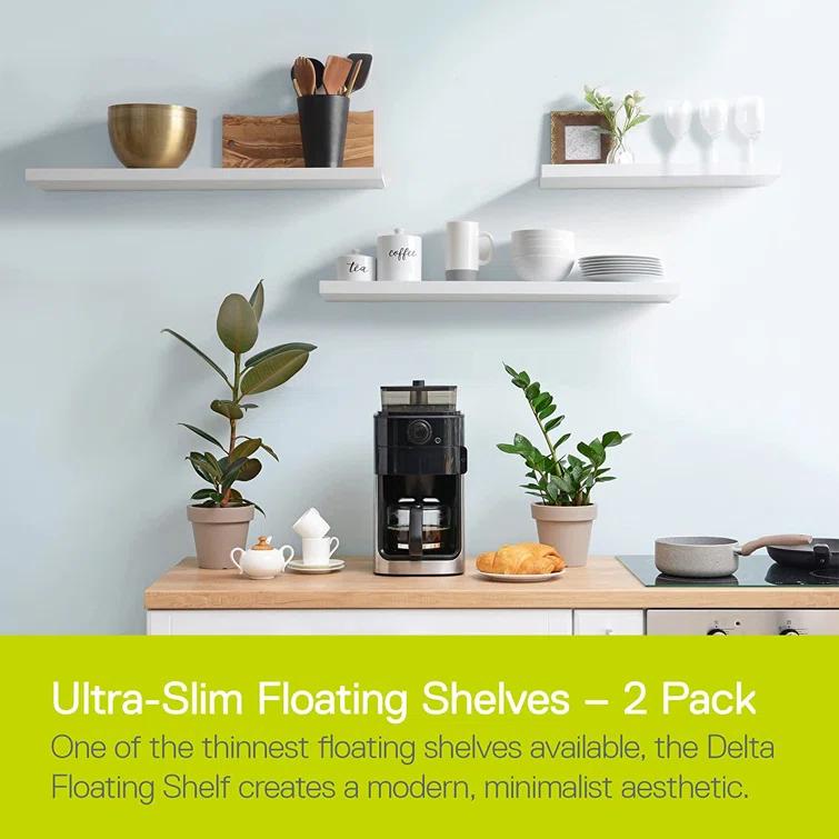 Delta Cycle Slim Floating Wall Shelves, Set of 2, 24’ x 8’ x 1’, White