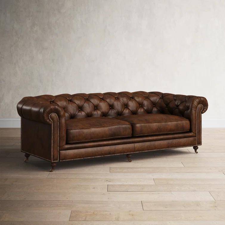 Idalia 87" Genuine Leather Rolled Arm Chesterfield Sofa with Reversible Cushions