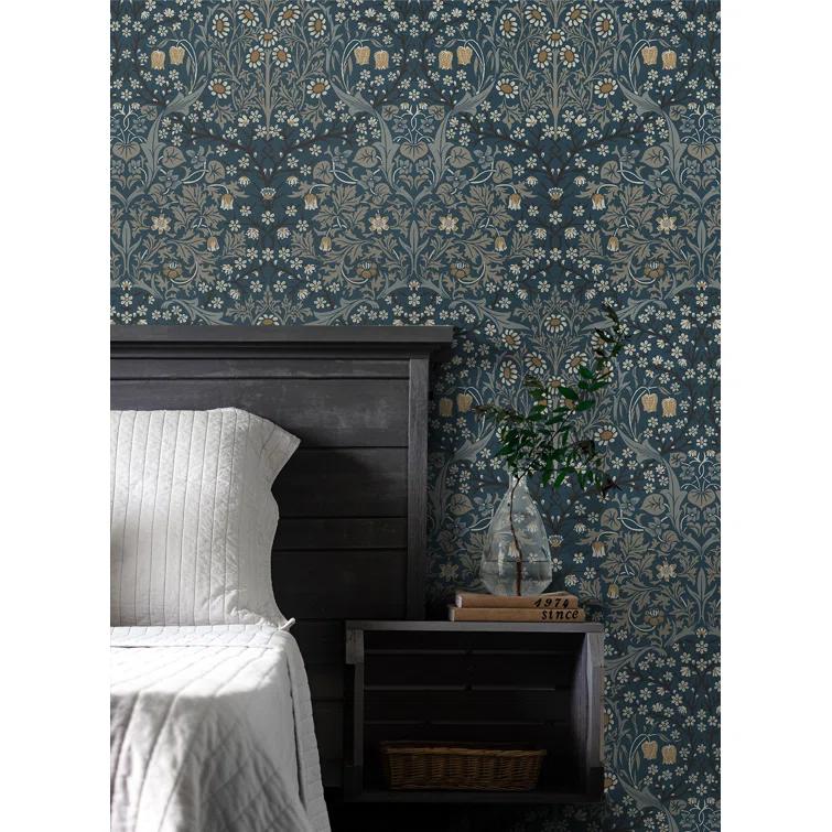 NextWall  Victorian Garden Floral Peel and Stick Wallpaper 20.9 in. W x 18 ft. L - Aegean Blue & Warm Stone
