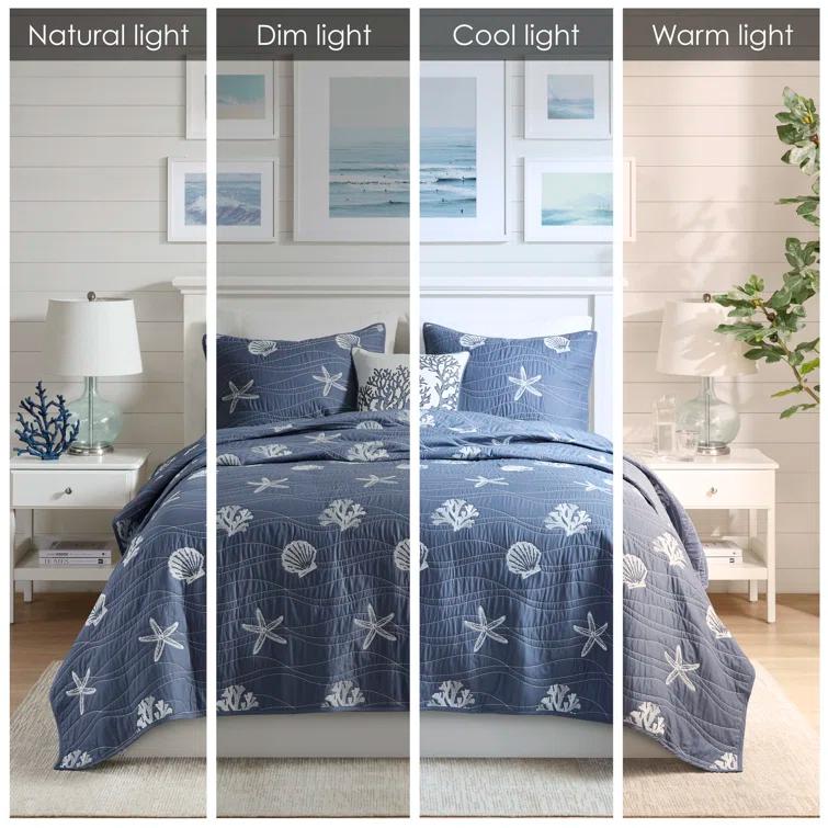 Seaside 4 Piece Cotton Reversible Embroidered Quilt Set