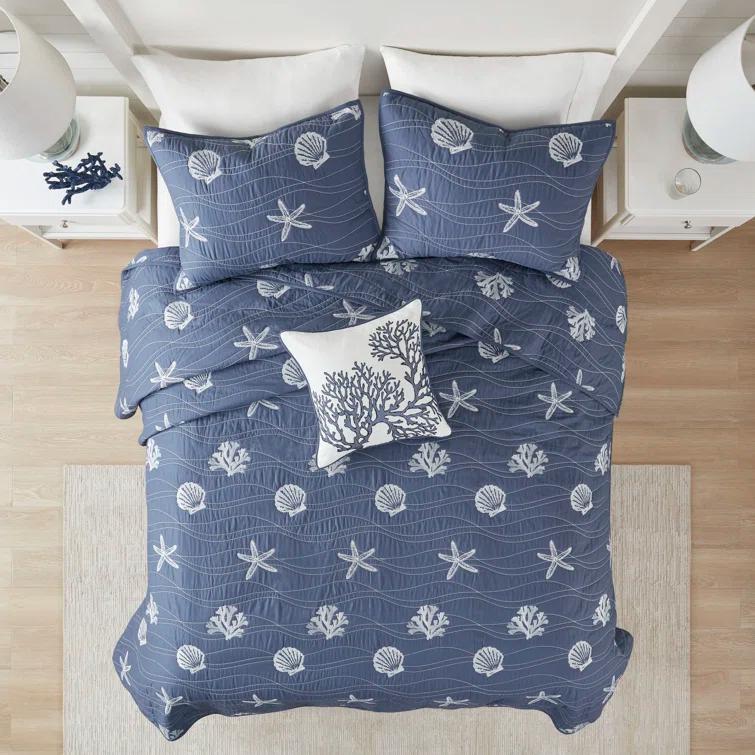 Seaside 4 Piece Cotton Reversible Embroidered Quilt Set