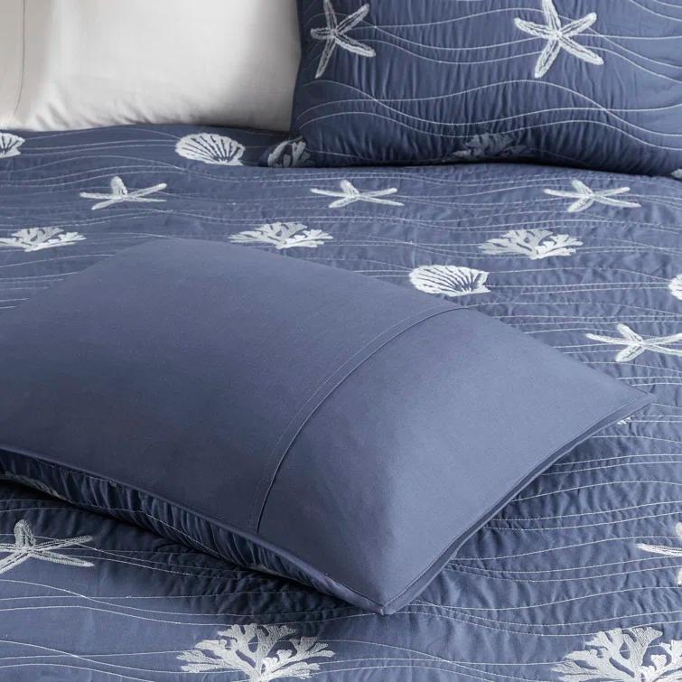 Seaside 4 Piece Cotton Reversible Embroidered Quilt Set