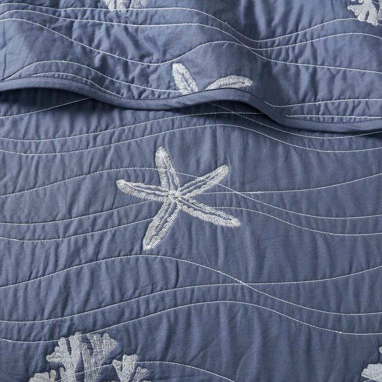 Seaside 4 Piece Cotton Reversible Embroidered Quilt Set