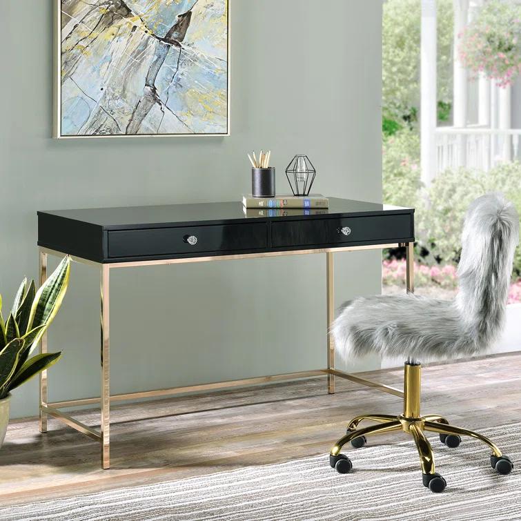 Ottey Writing Desk In High Gloss & Gold Finish,Computer Desk