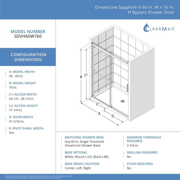 DreamLine SDVH60W760VXX01 Sapphire-V 56cm W x 76cm H Frameless Tub Door with