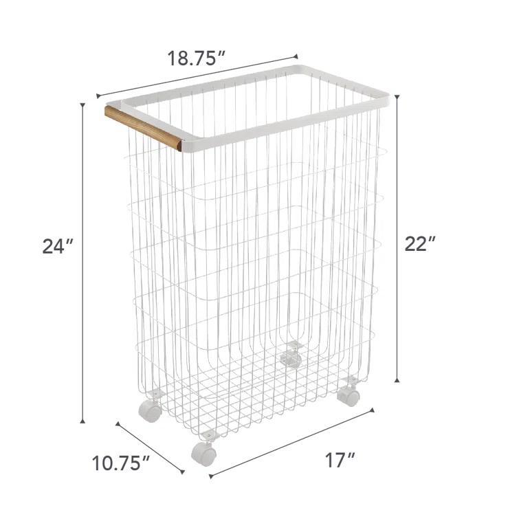 Yamazaki Home Slim Rolling Laundry Basket Hamper, Steel + Wood, 14.5 gallons, Handles, Wheels