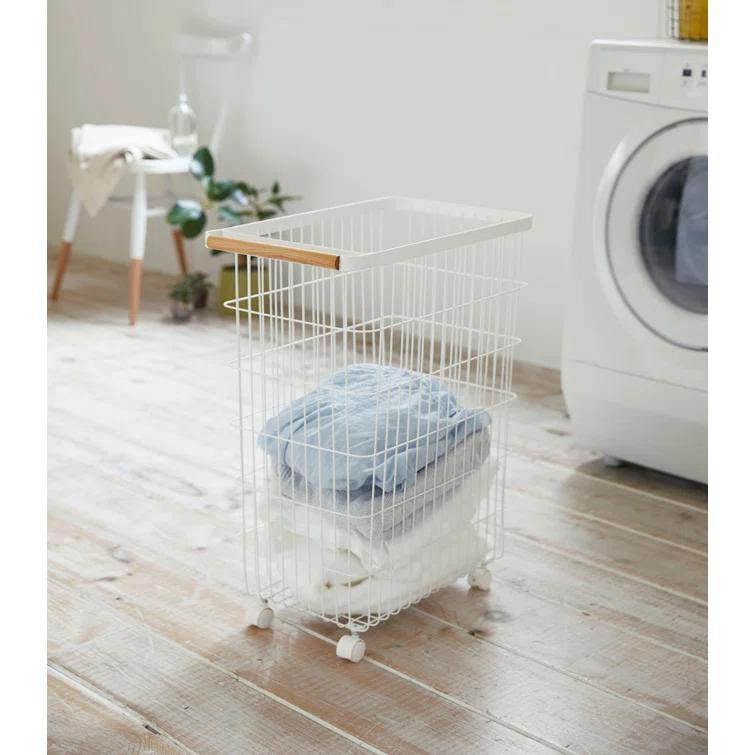 Yamazaki Home Slim Rolling Laundry Basket Hamper, Steel + Wood, 14.5 gallons, Handles, Wheels