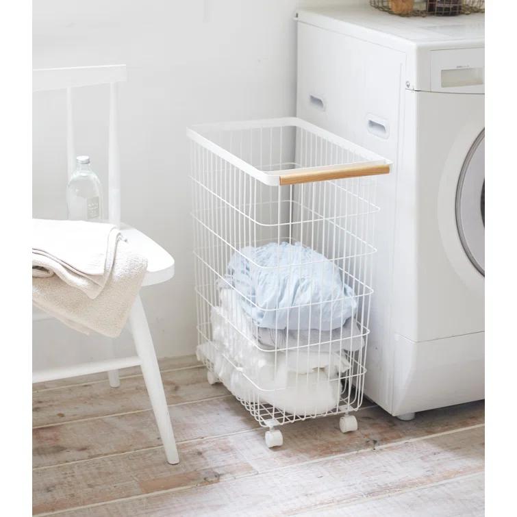 Yamazaki Home Slim Rolling Laundry Basket Hamper, Steel + Wood, 14.5 gallons, Handles, Wheels