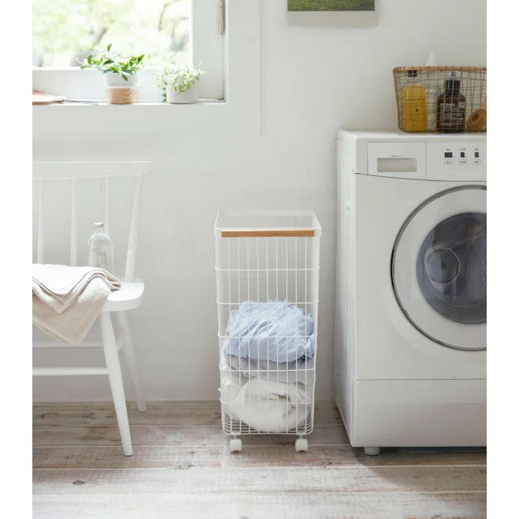 Yamazaki Home Slim Rolling Laundry Basket Hamper, Steel + Wood, 14.5 gallons, Handles, Wheels
