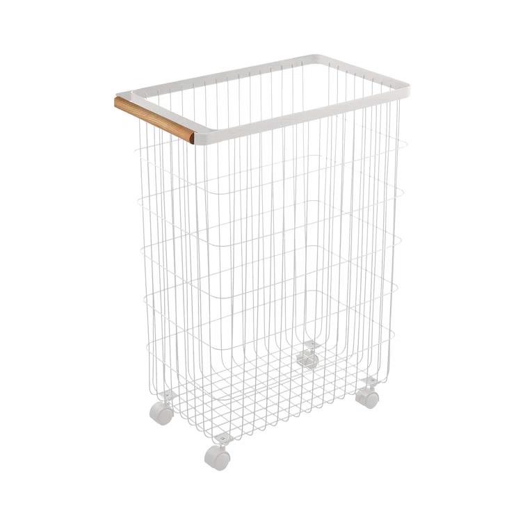 Yamazaki Home Slim Rolling Laundry Basket Hamper, Steel + Wood, 14.5 gallons, Handles, Wheels