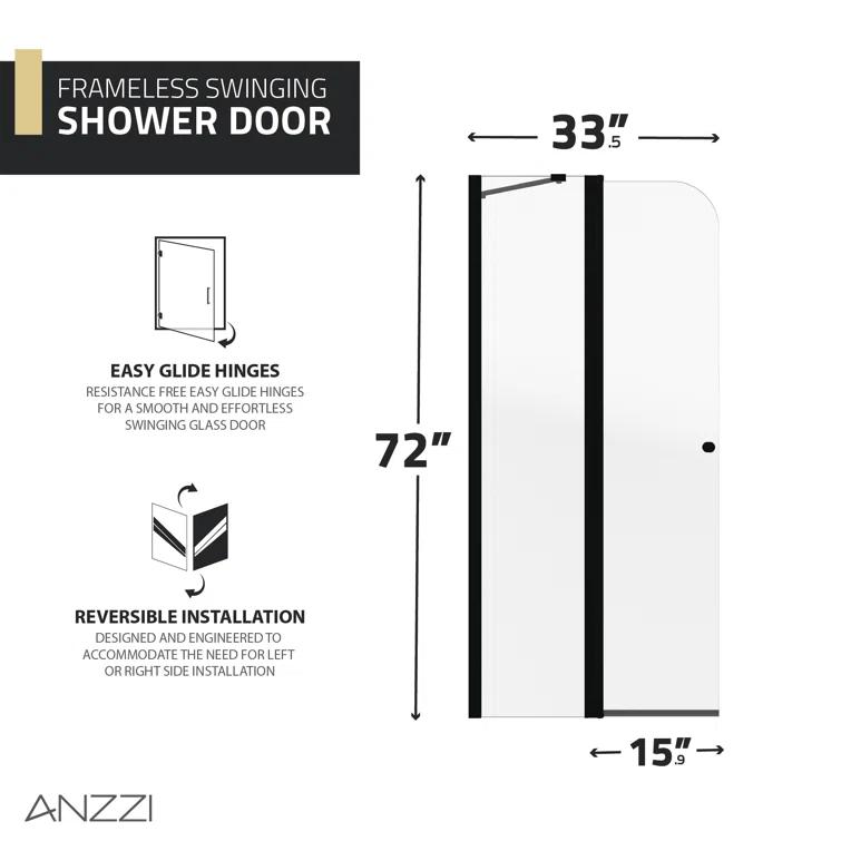 Anzzi 33.3” W x 72” H Frameless Shower Door