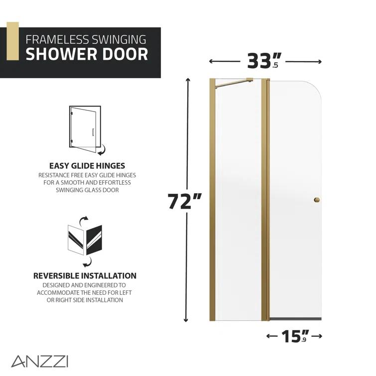 Anzzi 33.3” W x 72” H Frameless Shower Door