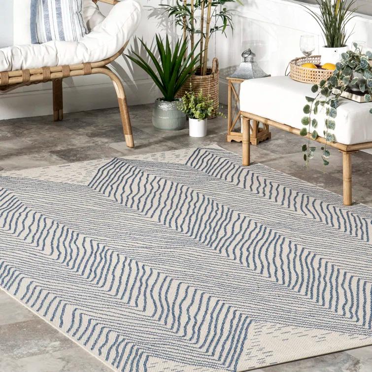 Dunham Abstract Indoor/Outdoor Area Rug for Living Room Patio Deck Front Porch Kitchen, Blue/Ivory
