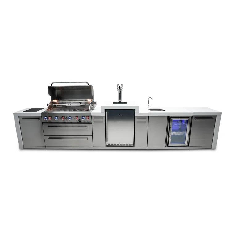Mont Alpi MAi805-DKEGBEV 44-inch 6-Burner 115000 BTU Deluxe Stainless Steel Island Outdoor Kitchen Bar Gas Barbecue Island Grill with Wine Cooler Beverage Center Refrigerator + 3 Beer Tap Kegerator