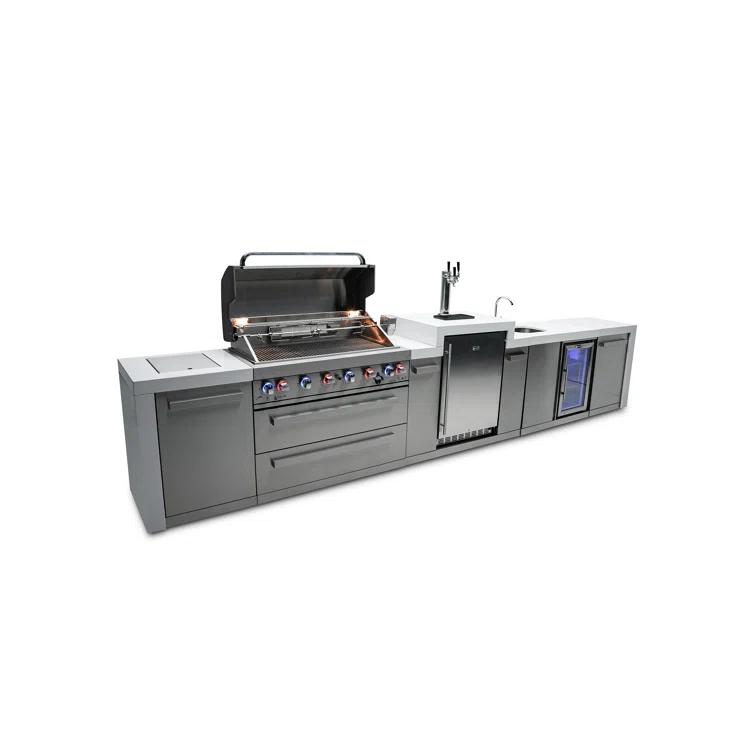 Mont Alpi MAi805-DKEGBEV 44-inch 6-Burner 115000 BTU Deluxe Stainless Steel Island Outdoor Kitchen Bar Gas Barbecue Island Grill with Wine Cooler Beverage Center Refrigerator + 3 Beer Tap Kegerator