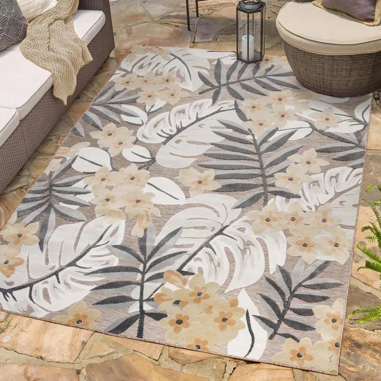 Gertmenian Tara Polly Gray Yellow Ivory Large Tropical Hawaiian Indoor/ Outdoor Flatweave High-Low Area Rug