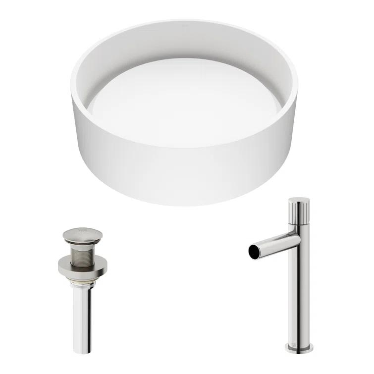 Anvil 16" L x 16" W x 5" H Round White Matte Stone™ Vessel Bathroom Sink with 11" H Faucet