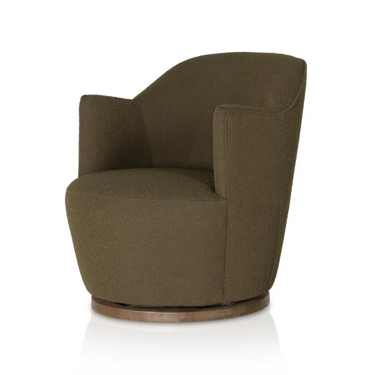 Fiqa Boucle Olive Swivel Chair with Natural Parawood Base
