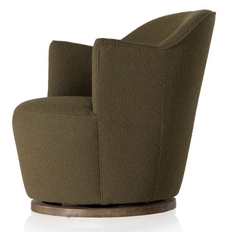 Fiqa Boucle Olive Swivel Chair with Natural Parawood Base
