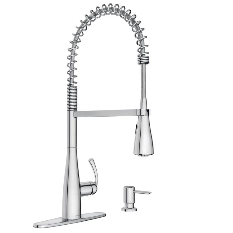 Moen Essie Pre-Rinse Spring Pull Down Single Handle Kitchen Faucet with Power Clean Technology and Soap Dispenser